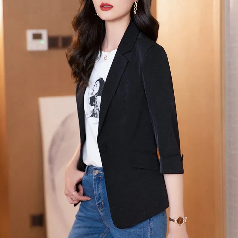 Solid color Thin blazer Women 2023 New Three-Quarter Sleeve Spring And Summer Slim Short Suit Jacket One Buckle Blousers White