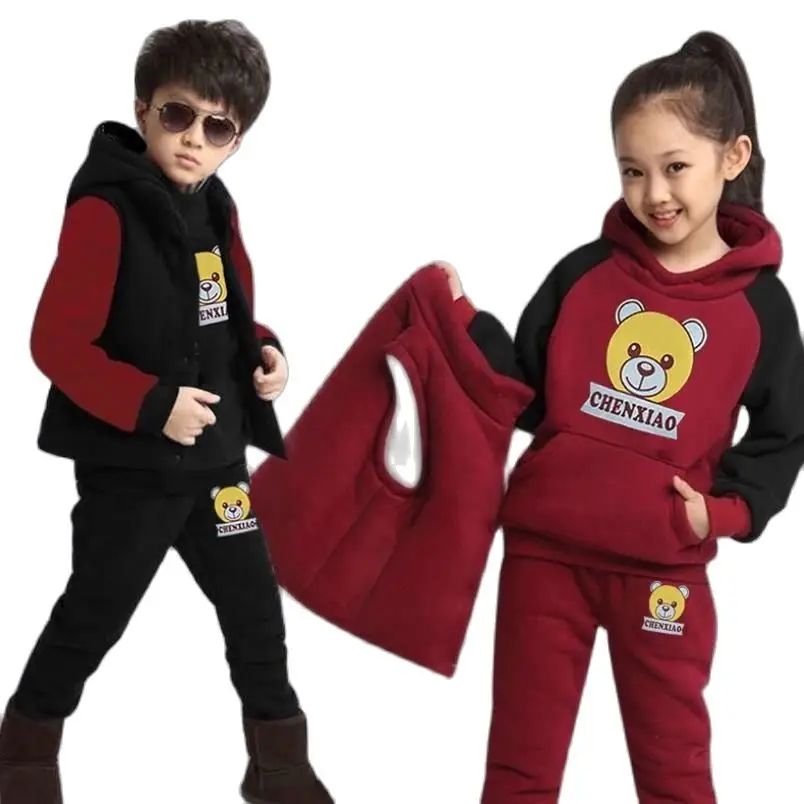 Autumn WinterThree Pieces of Children Sets New Boys Girls Thickened Cashmere Hooded Sweater +pant+vest Sport Sets 2-10YClothing