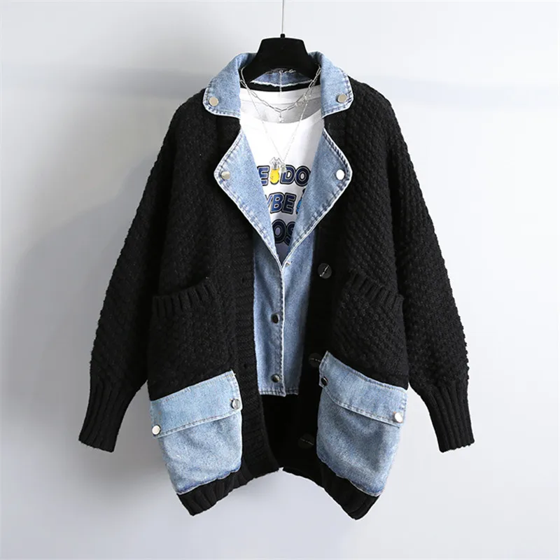 Denim Spliced Knitted Sweater Jacket Women 2021 Autumn Winter Cardigan Knit Coat Big Pocket Fashion Lapel Loose Sweaters Female