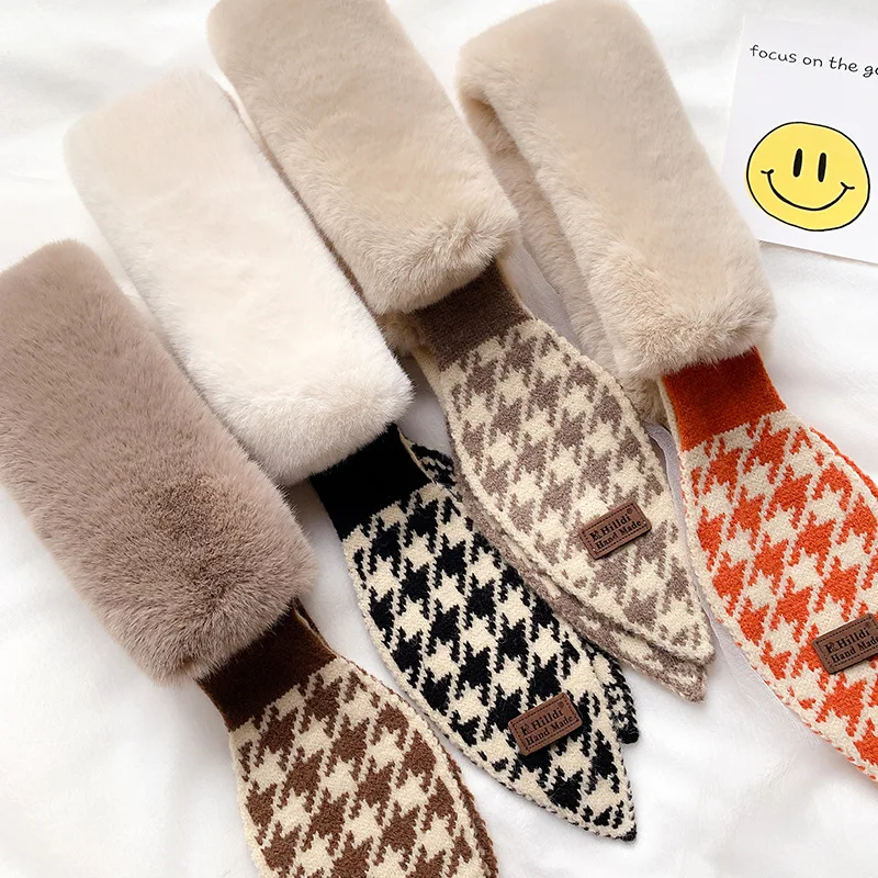 2020 Winter Scarf for Women Wool and Rabit Fur Bandana Knitted Plaid Pied De Poule Warm Collar Luxury Female Neck Wraps