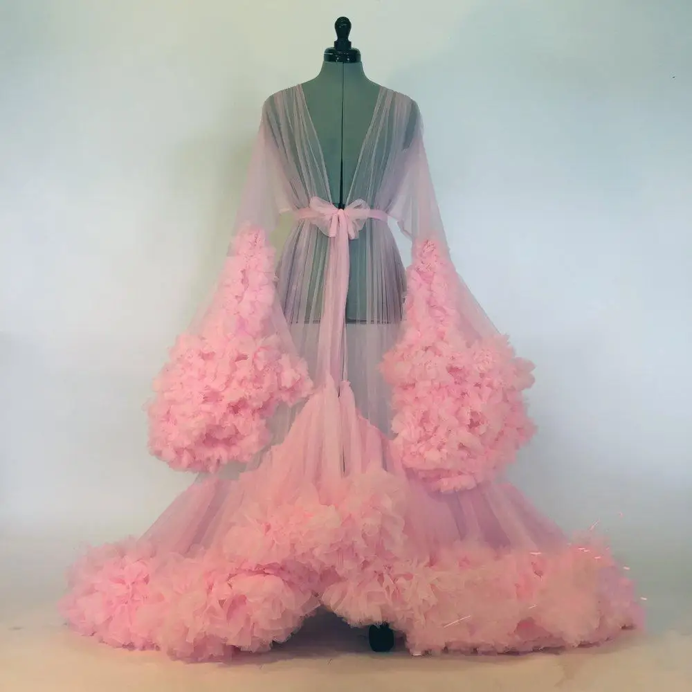 Moederschap Ster Jurken Robe Illusion Tiered Ruches Roze Photoshoot Babyshower Badjas Moederschap Kimono Party Verjaardag Jurk