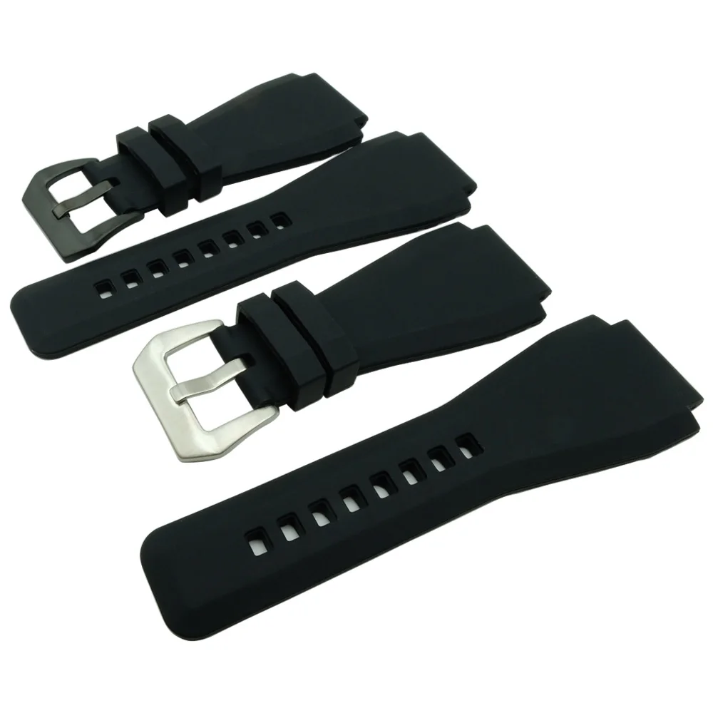 24 X 34mm Black Rubber Leather Watch Band Strap for Bell for Ross BR-01 and BR-03 DIY Replace Black / Silver Buckle