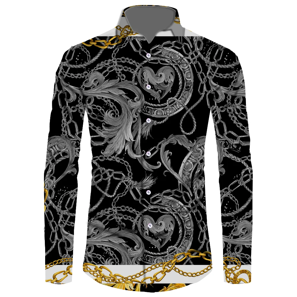 

Long Sleeve Shirt Men Top Black Gold Baroque Tees Grey Rococo Vintage Printed Shirt Male Dress Shirts Men Clothing