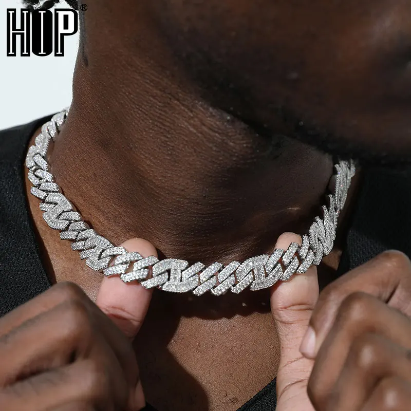 Hip Hop 14MM 2 Row Heavy Prong Baguette Curb Chain Iced Out Box Buckle Copper AAA+ Cubic Zirconia Chain For Men Jewelry