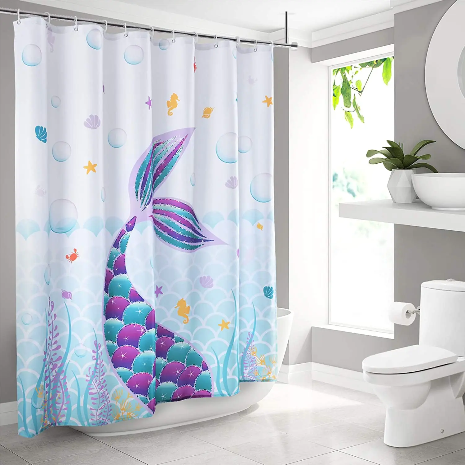 

Bathroom Shower Curtain 3D Cartoon Mermaid Tail Fish Scales Pattern Bathtub Decor Polyester Fabric Blue Sea World Curtains Hooks