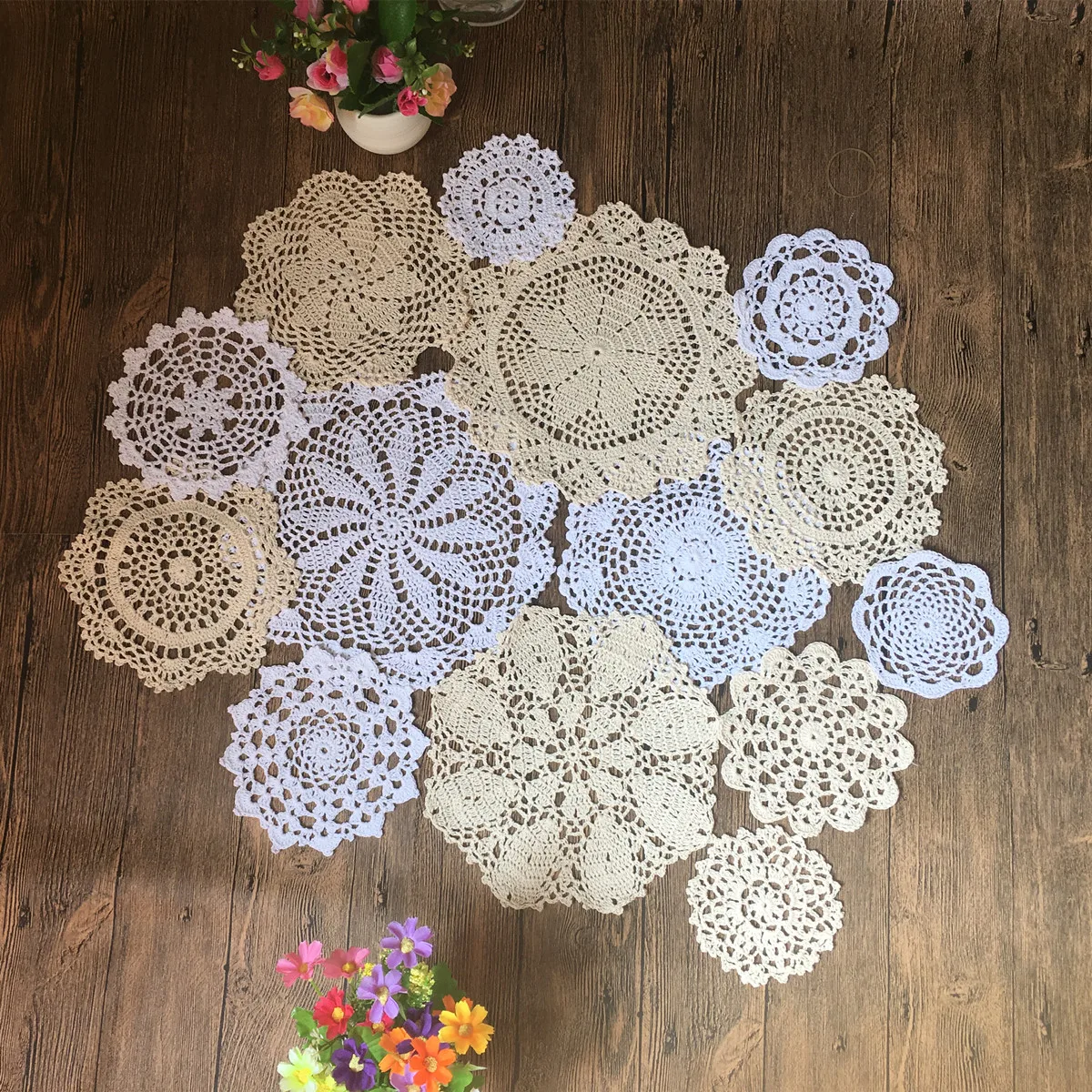 MINDPLUS 14Pcs 100% Cotton HandMade Crochet Doilies Cup Mat Pad Coaster 14 Vintage Crochet Motifs 4