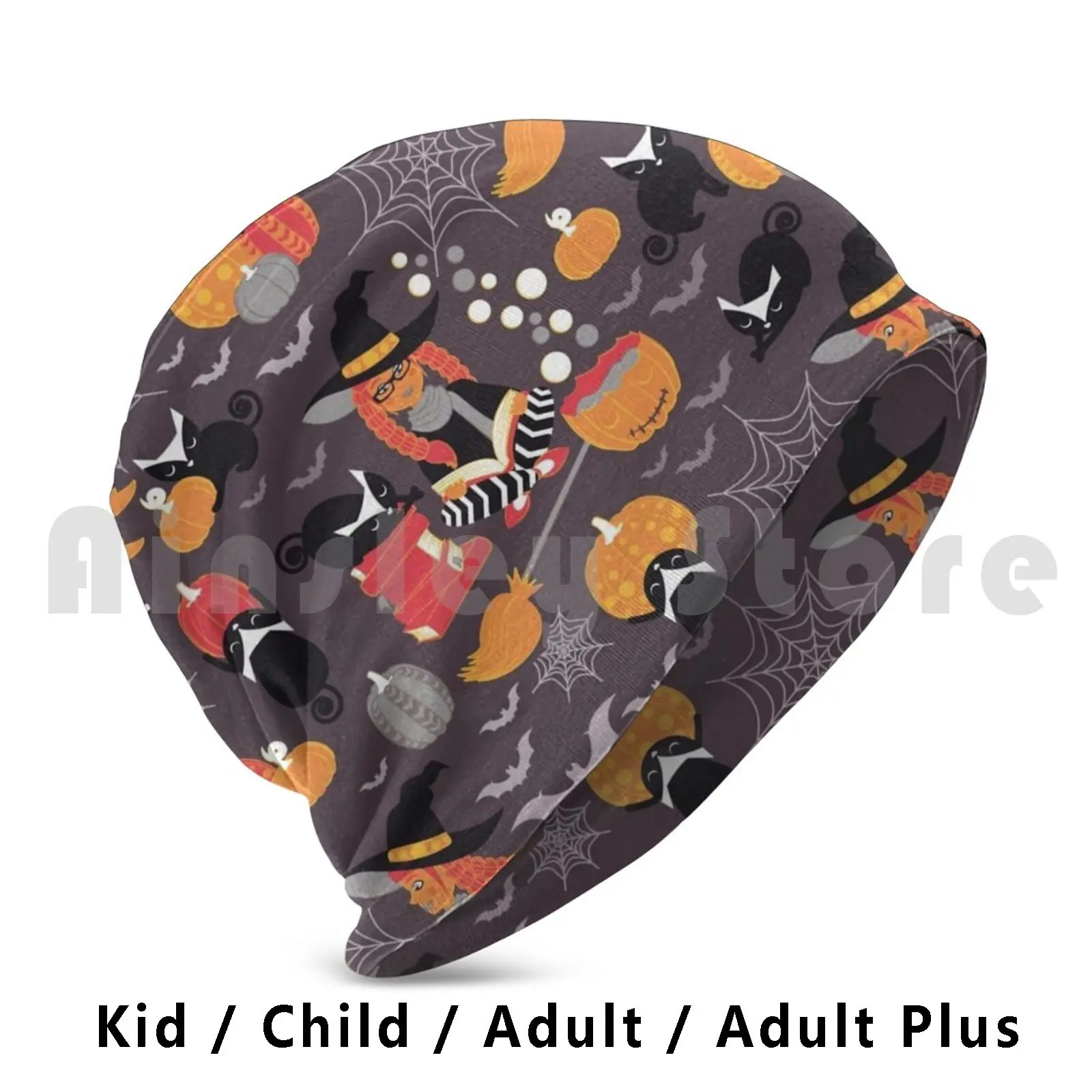 Enchanted Vintage Halloween Spell Beanie Hedging Cap DIY Print Cushion Pattern Patterns Purple Orange Black Cat Red