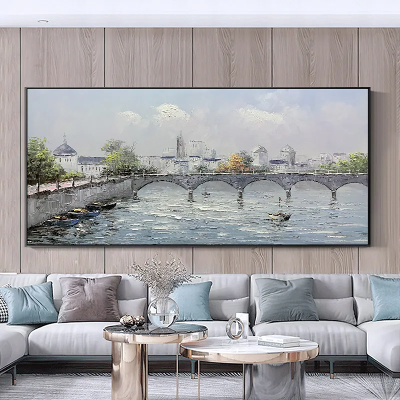 Hand Painted Textured Abstract Canvas Painting Wall Art, Handmade Landscape Bridge Grey Building Oil Painting, Living Room Decor