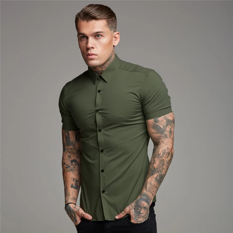 New Mens Casual Sports Short Spring Summer Brand Shirts Fashion Breathable Fitness Clothing Turn-down Collar  Sleeve 