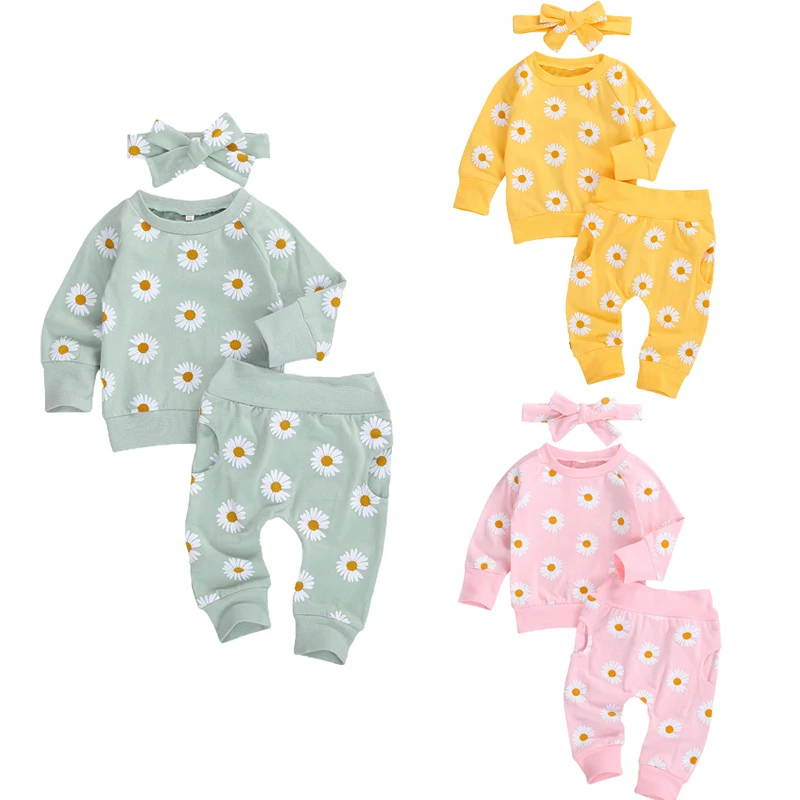 2021 Spring Fall Baby Clothes Set Floral Printed Sweatshirts Tops+Pants+Bow Headband Outfit Girls Clothing Set 3pcs 2
