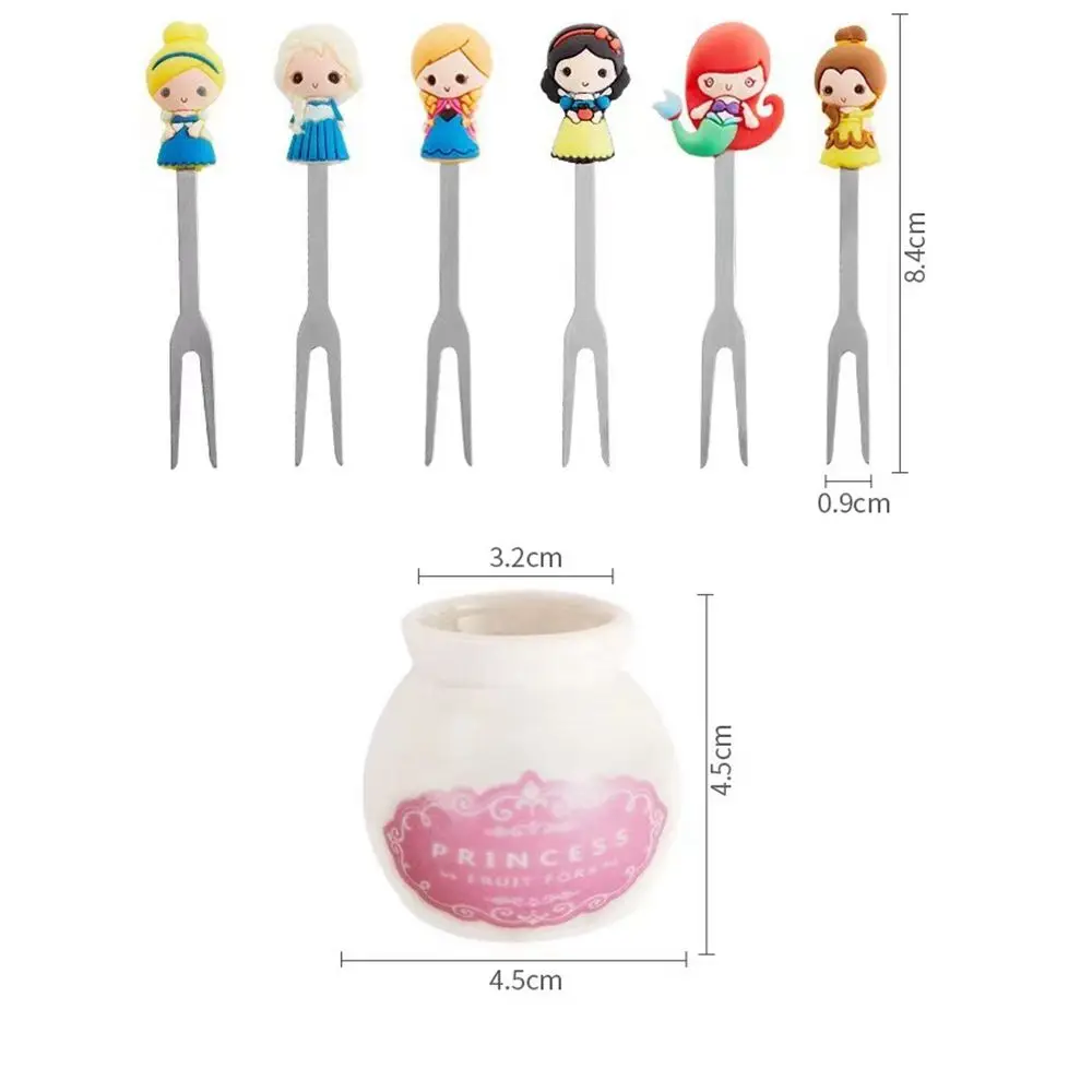 6Pcs/set Cute Cartoon Princess Stainless Steel Dessert Fruit Forks with Holder Set Mini Salad Fruit Fork Food Flatware