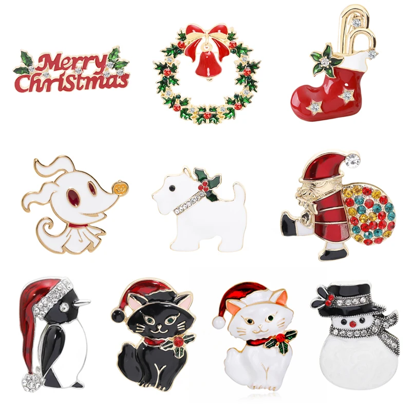 Cute Santa Christmas Lapel Pins Snowman Claus Hat Gloves Bells Socks Penguin Candy Cat Halloween Badges Brooch For Women Gift