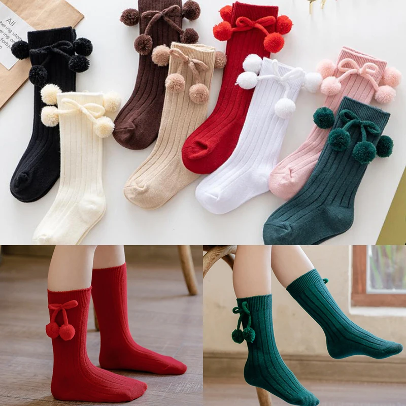 0-5Years Autumn Winter Girls Knee High Socks Cherry Ball Christmas Socks For Girl Infant Baby Cotton Sock Long Children Socks