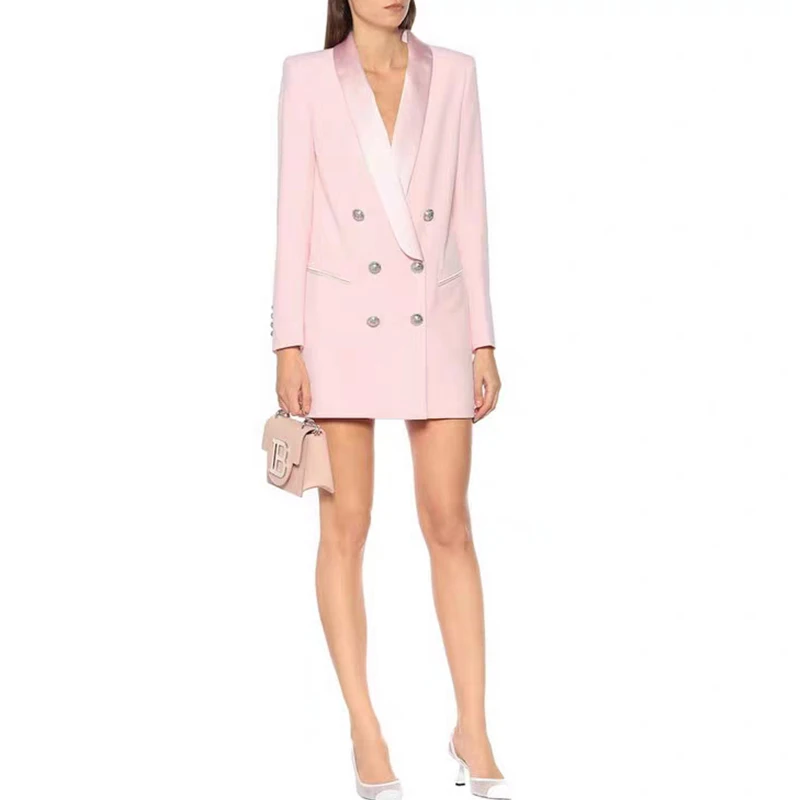 Long Blazer Dress 2024 Autumn New Pink Jacket Double Breasted Golden Button Satin Shawl Collar Women Blazer Suit High Quality