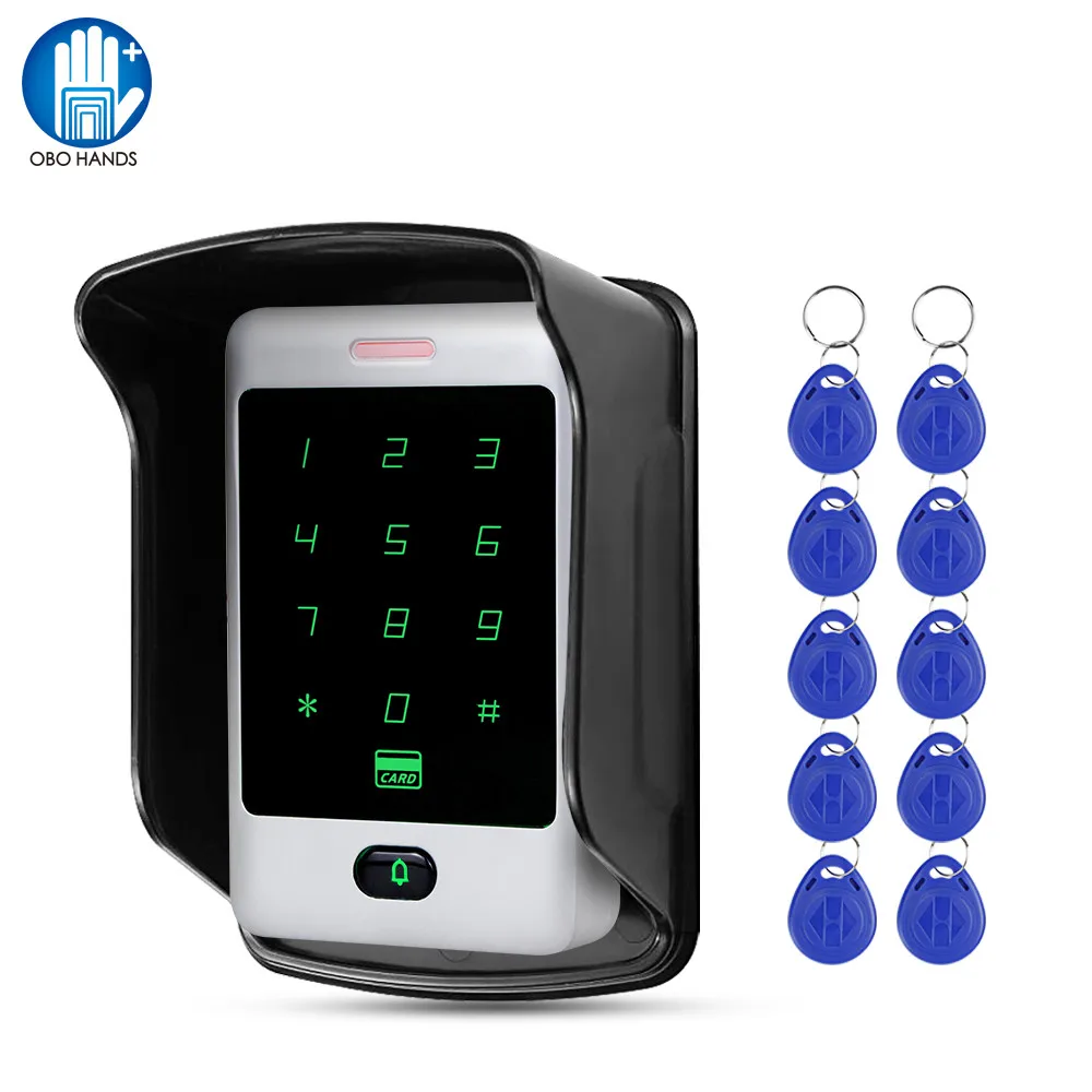 

Metal Waterproof RFID 125KHz Standalone Access Control Keypad Door Controller Card Reader Outdoor Rainproof Cover with Keyfobs