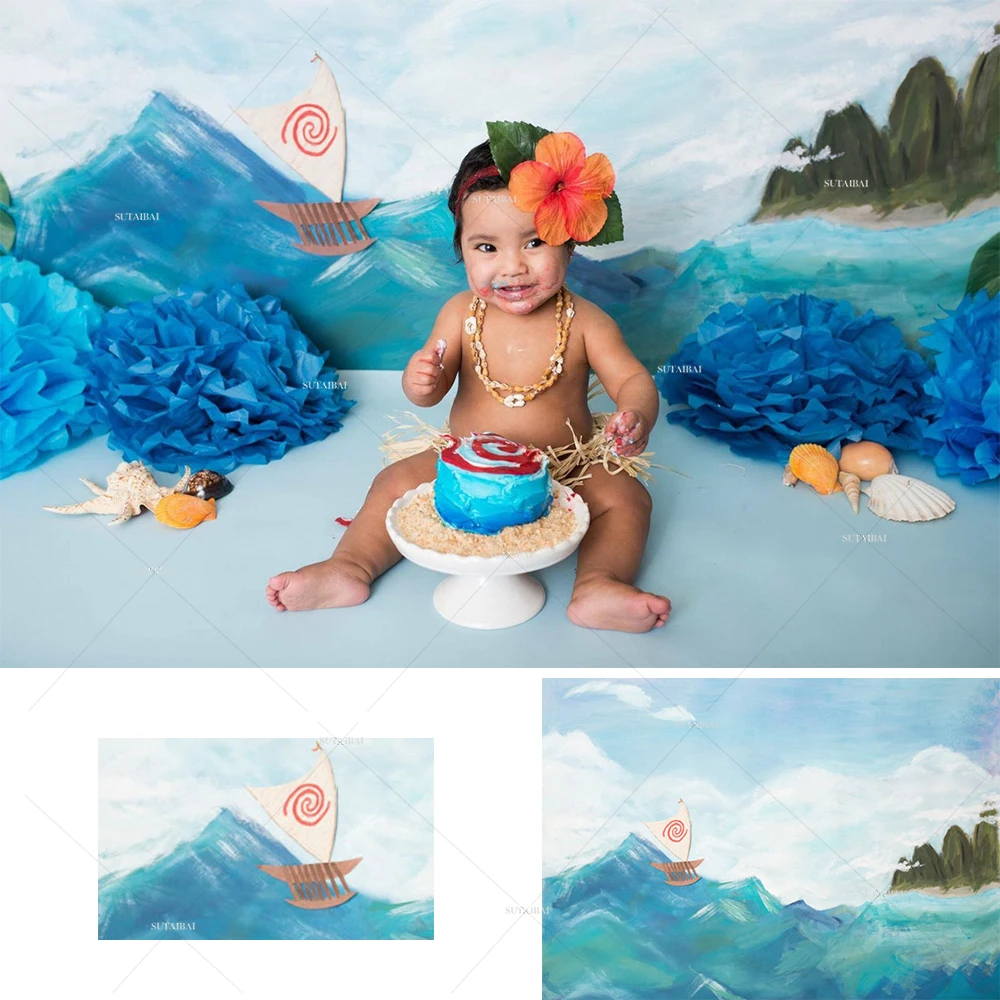 Baby Shower Bohemia Moana Girls Princess Backdrop Baby Girl 1st Birthday Party Ocean Sea Photo Background Decor Banner