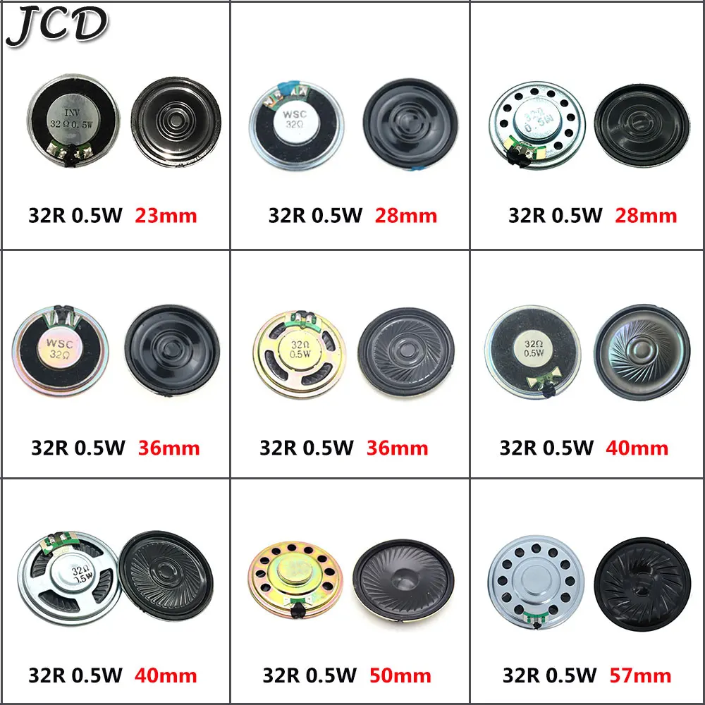 JCD 1pcs New Ultra-thin speaker 32 ohms 0.5 watt 32R 0.5W speaker Diameter 23mm 28mm 36mm 40mm 50mm 57mm Loudspeaker