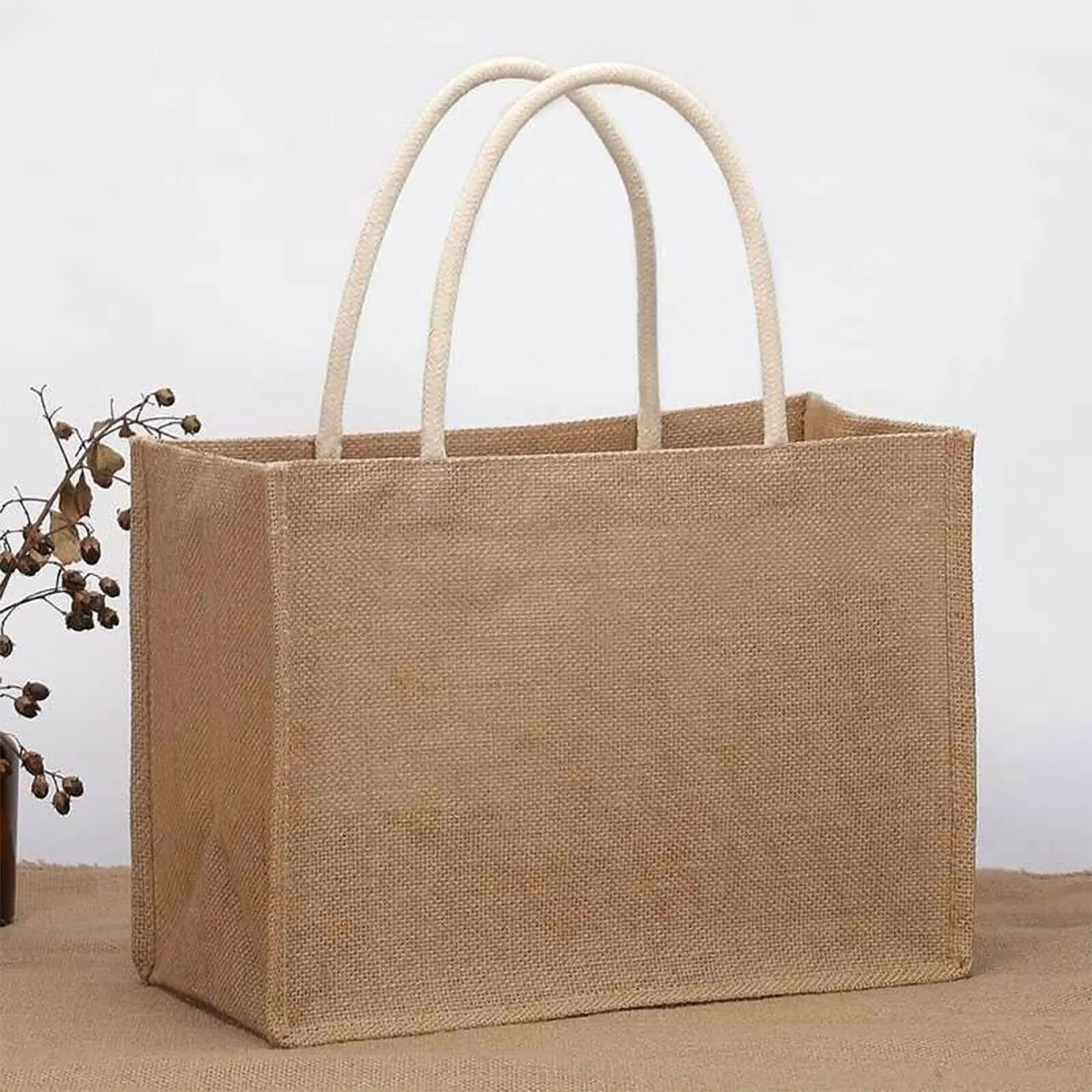 Fashion Burlap Tote Bag Women Jute Beach Shopping Handbag Vintage Portable Reusable Gift Bags withe Handle Multiple Sizes