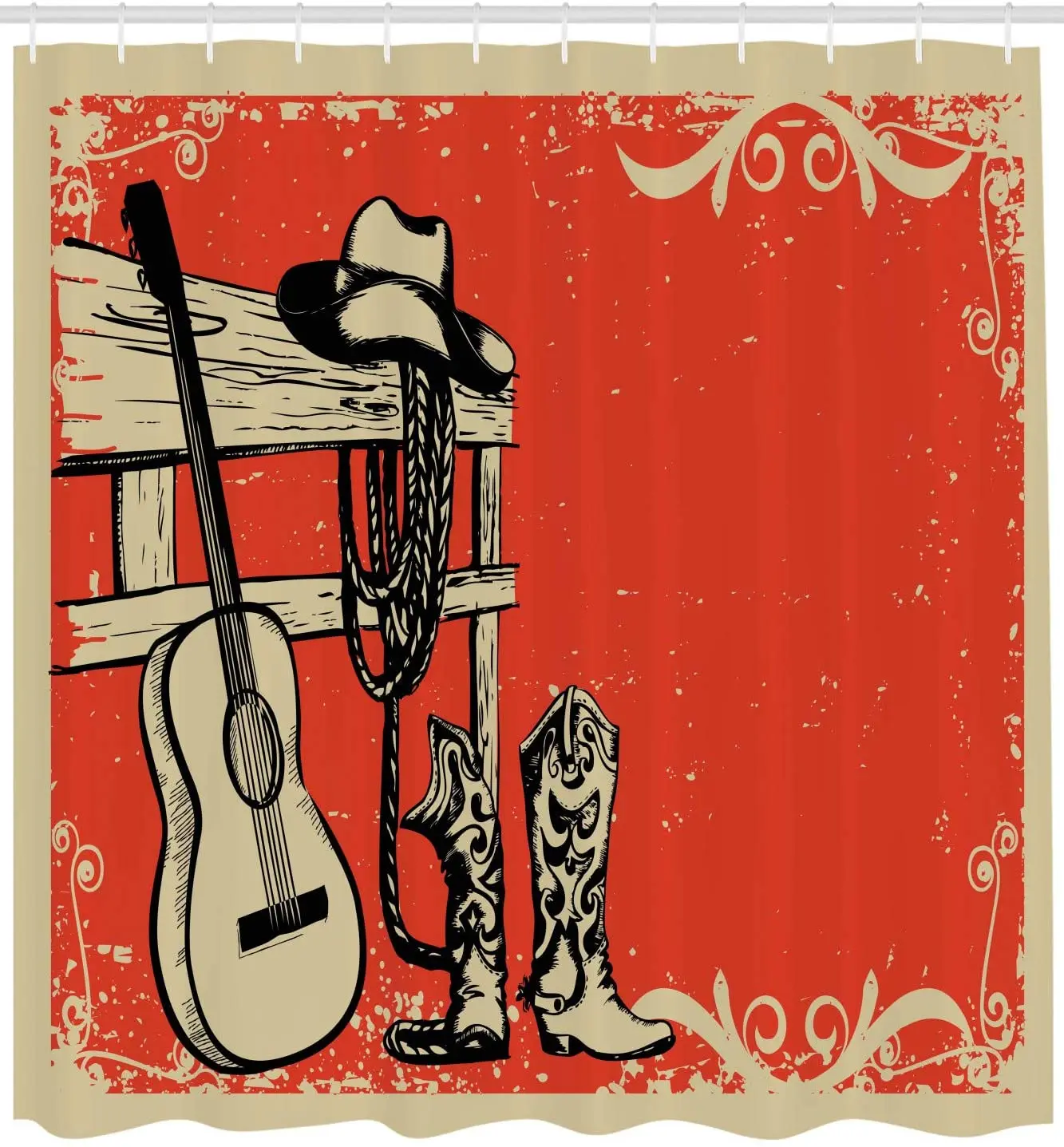 Image of Wild West with Country Music Guitar and Cowboy Boots Retro Art, Fabric Bathroom Décor