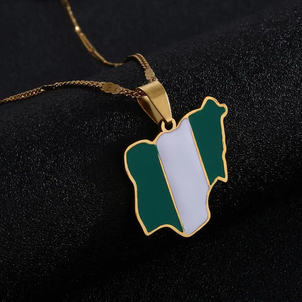 Stainless Steel Trendy Nigeria Map Flag Pendant Necklaces Gold Color Nigerian Charm Jewelry