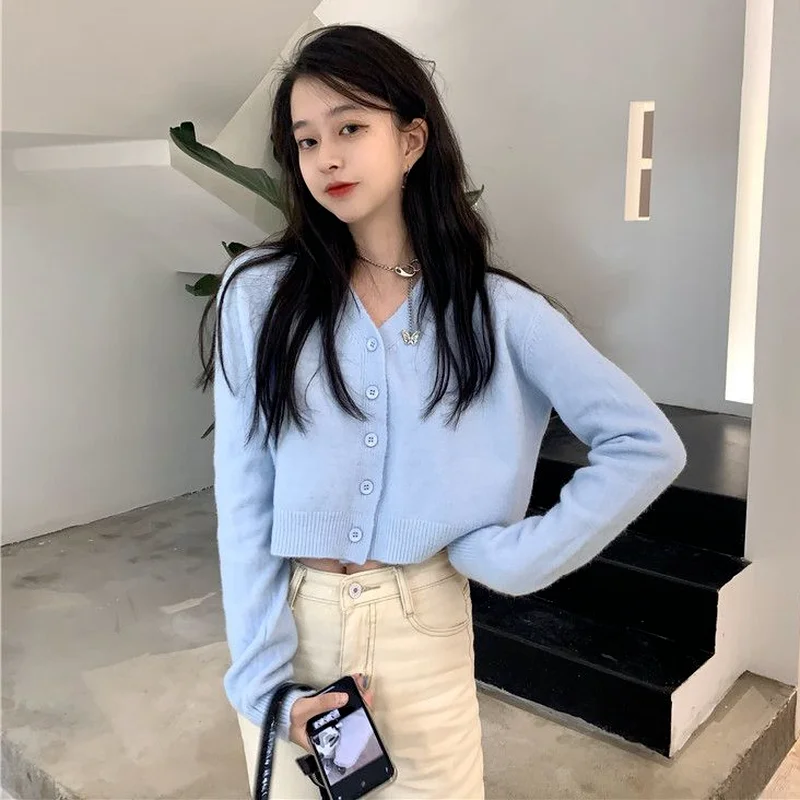 Cardigan Women Sweater Blue Sweet Simple Solid Color Long Sleeve Warm Spring Autumn Single Breasted V-neck Girls All-match Crop