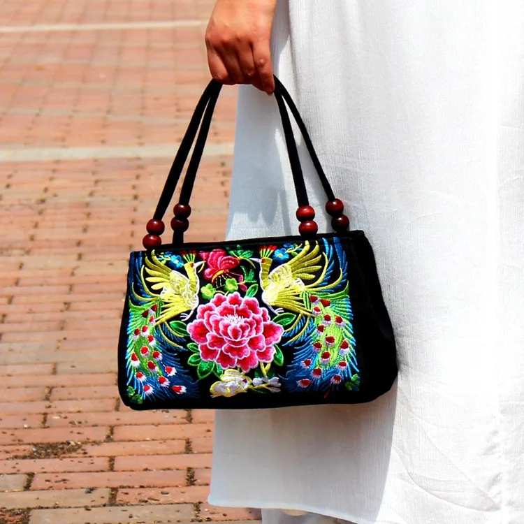 Bolso pequeño bordado para mujer, bolsa con asa superior, bordado Floral nacional, de una sola capa, con abalorios