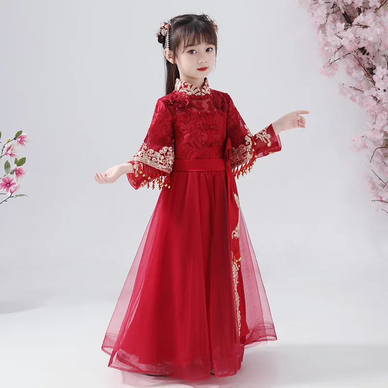 Vestido floral de menina, han fu, para meninas, roupão tradicional chinês bordado, roupa de cosplay