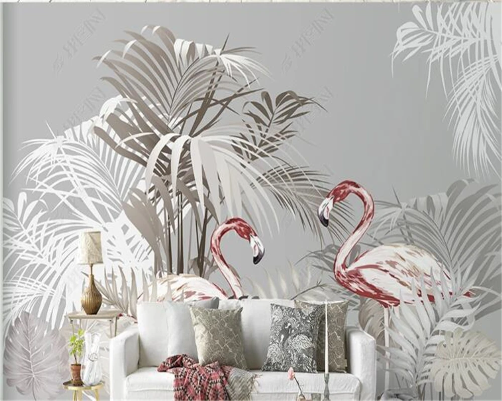 Custom wallpaper photo hand painted tropical plants flamingo palm tree black and white background wall mural 3d wallpaper