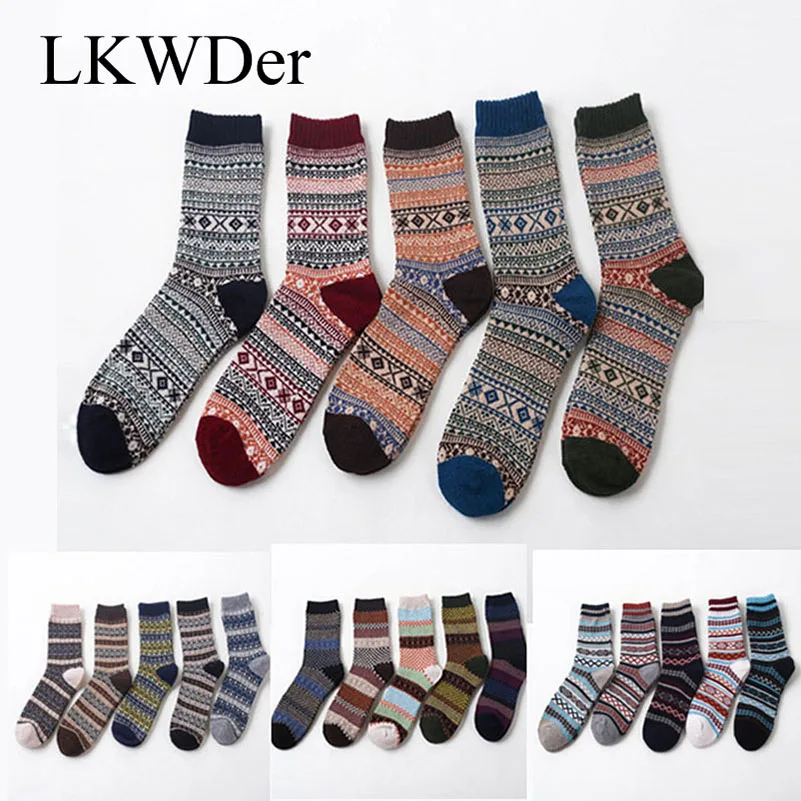 

LKWDer 5 Pairs Men's Winter Thick Warm Stripe Wool Socks Casual Calcetines Hombre Sock Business Male Socks Angora Cashmere Meias