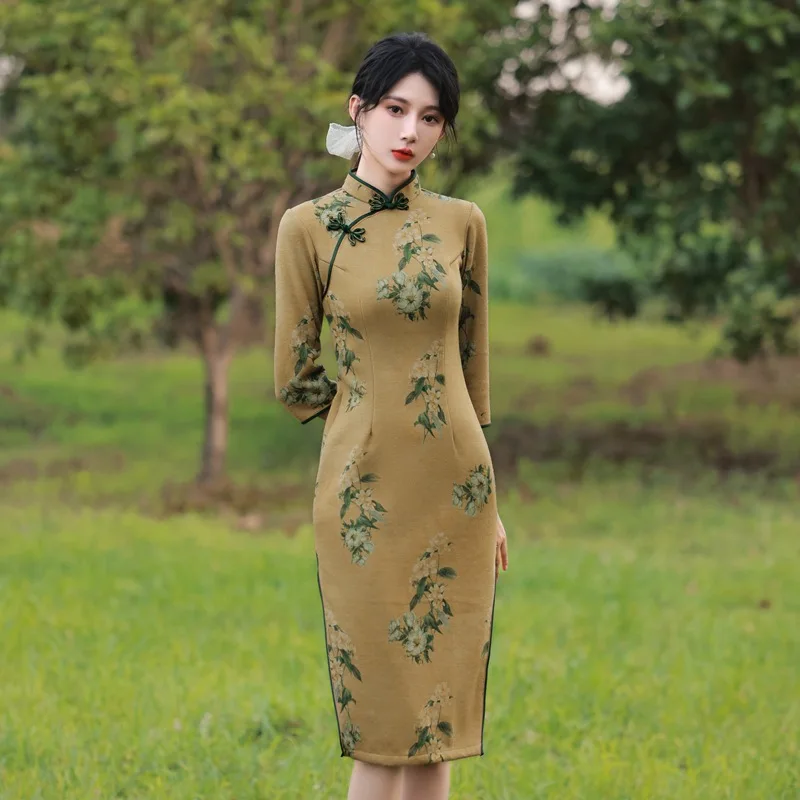 Vintage 2021 New Elegant Party Dress Slim Women Cheongsam Mandarin Collar Sexy Button Chinese Traditional Ladies Qipao Dresses