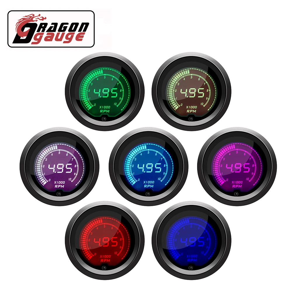 「DRAGON」 52mm Tachometer Voltage Water Temp Oil Temp Oil Press LED Digital Display 7 Colors Change Car Gauge Fit for 12V Car