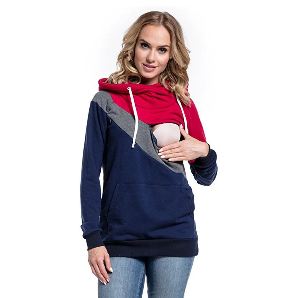 

Maternity Hoodies Patchwork Fashion Pregnant Mommy Casual Clothing Breastfeeding Fall Clothes for Women Cotton Nursing Top