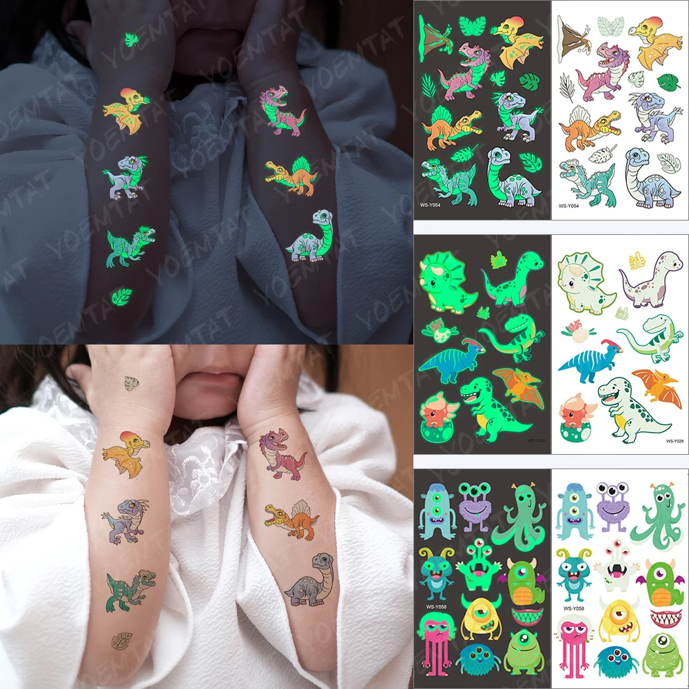 

Waterproof Temporary Tattoo Stickers Kids Cute Dinosaur Animal Night Glowing Tatoo Kids Arm Leg Party Body Art Fake Tatto Flash