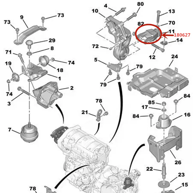 Suitable for Peugeot 206 207 206CC engine rear bracket A type bracket hanging rubber engine support yoke OEM: 180627