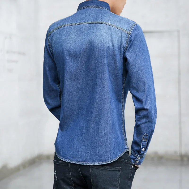 Long Autumn Sleeve Denim Shirt Men Washed Slim Fit Casual Tops High Street Single Breasted Blue Work Jean Shirt Male Oversize