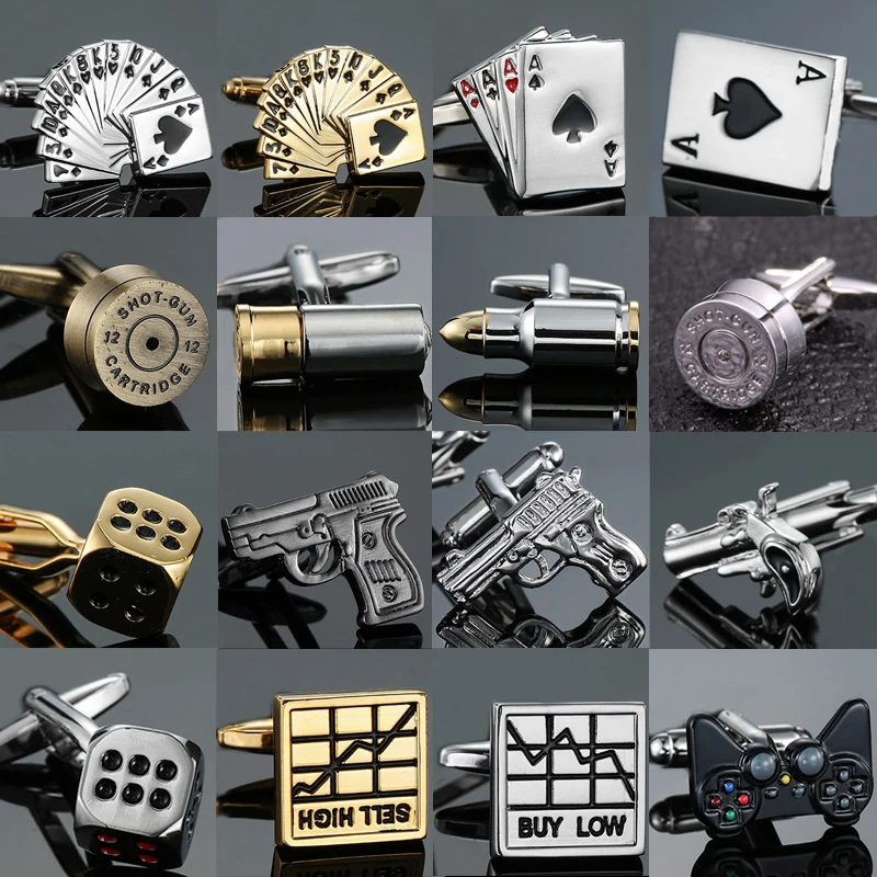 AS High quality playing card Cufflinks new fashion stock hammer dice pistol Cufflinks men\'s shirt badge pin birthday party gift