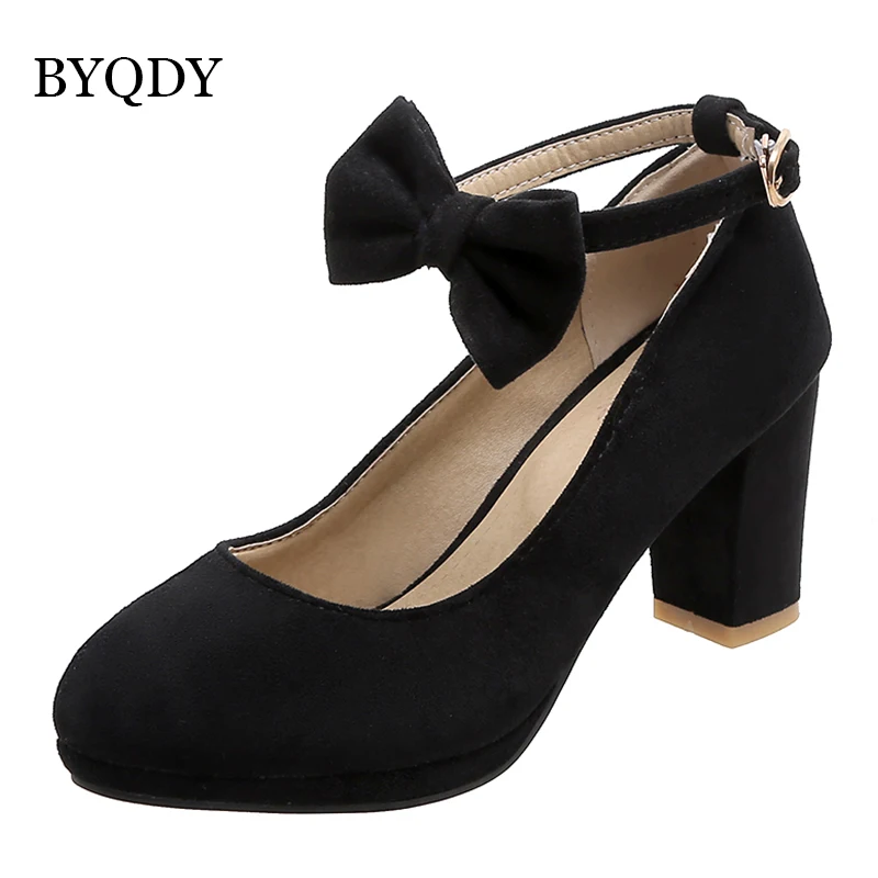 BYQDY Spring Suede Woman Mary Jane Pumps Sweet Bow Knot Pumps Square High Heels Buckle Casual Shoes Plus Size 50 Wedding Shoes