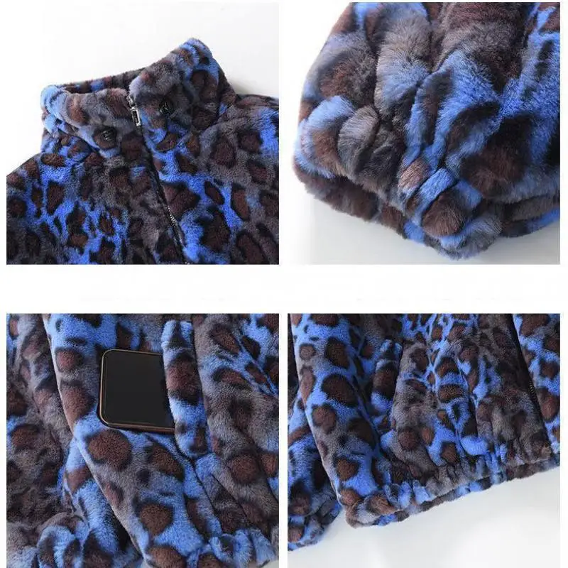 New Usa Style Faux Fur Winter Lady Sweatshirt Zipper Women Keep Warm Clothes Harajuku Leopard Zipper Blue Keep Warm Coat Female