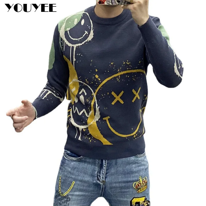 Men\'s Sweater Smiling Face Printing Youth Round Neck Thickened Warm 2021 Autumn Winter New Korean Men Clothing Blue Pullovers