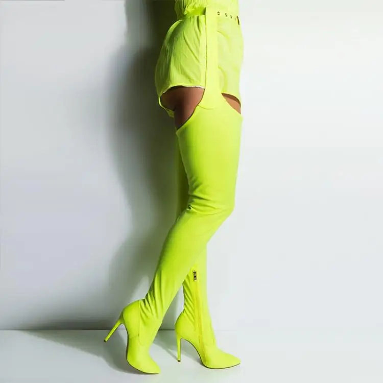 

Sexy Female Europe Fashion Green Boots Cuts Women's Large Size Shoes Stiletto Heel Elastic Sock Boots Two In One Pants Boots