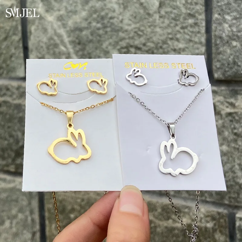 Fashion Stainless Steel Necklace Rabbit Earrings Women Cute Bunny Rabbit Unicorn Kitty Charm Necklace Easter Jewelry Gifts