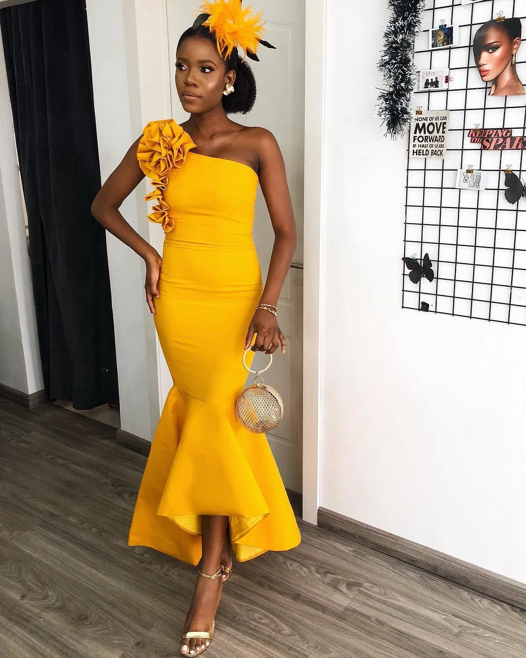 Dark Yellow Aso Ebi Evening Party Dresses 2024 One Shoulder Ruffles Flowers Mermaid Women Evening Formal Gowns Tea Length