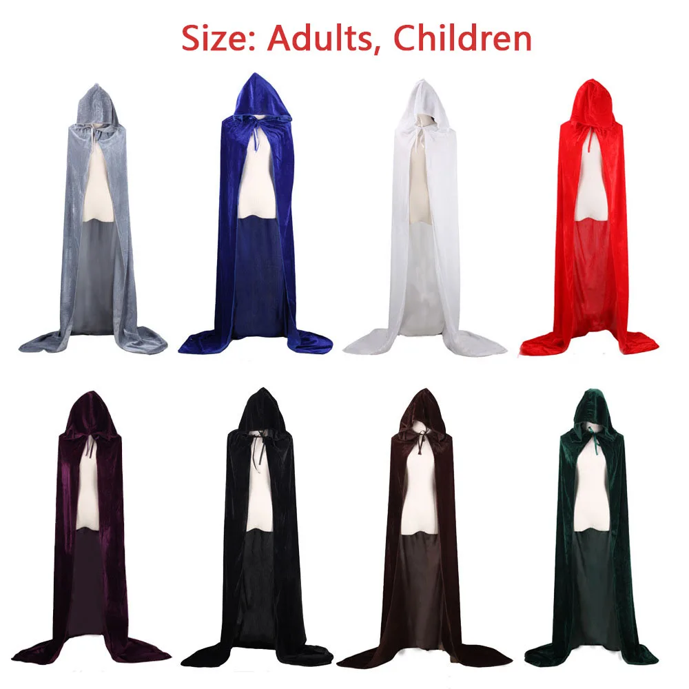 

Adult Hooded Cloak Velvet Cape Robe Green Black Red Halloween Carnival Purim Child Coats Medieval Witch Wicca Vampire Costume