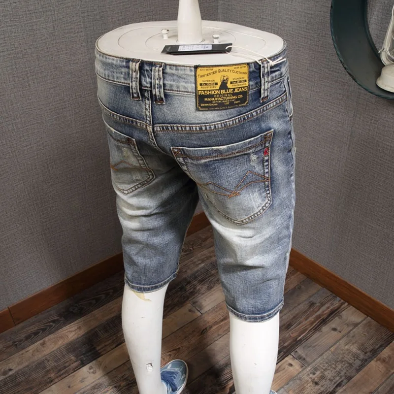 Men Distressed Ripped Patch Jeans Shorts Summer Light Blue Straight Slim Fit Mens Denim Shorts
