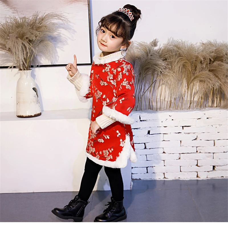 Robe chinoise rouge pour filles, nouvelle collection hiver, vêtements de nouvel an pour enfants, Hanfu cheongsam, qipao