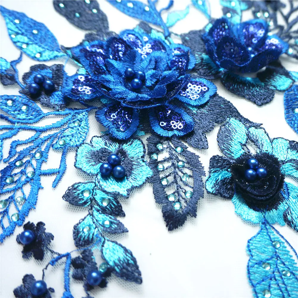 Royal Blue 3D Flower Lace Fabric Sequin Beads Rhinestone Embroidered Gown Appliques Sew Patch For Wedding Decoration Dress DIY