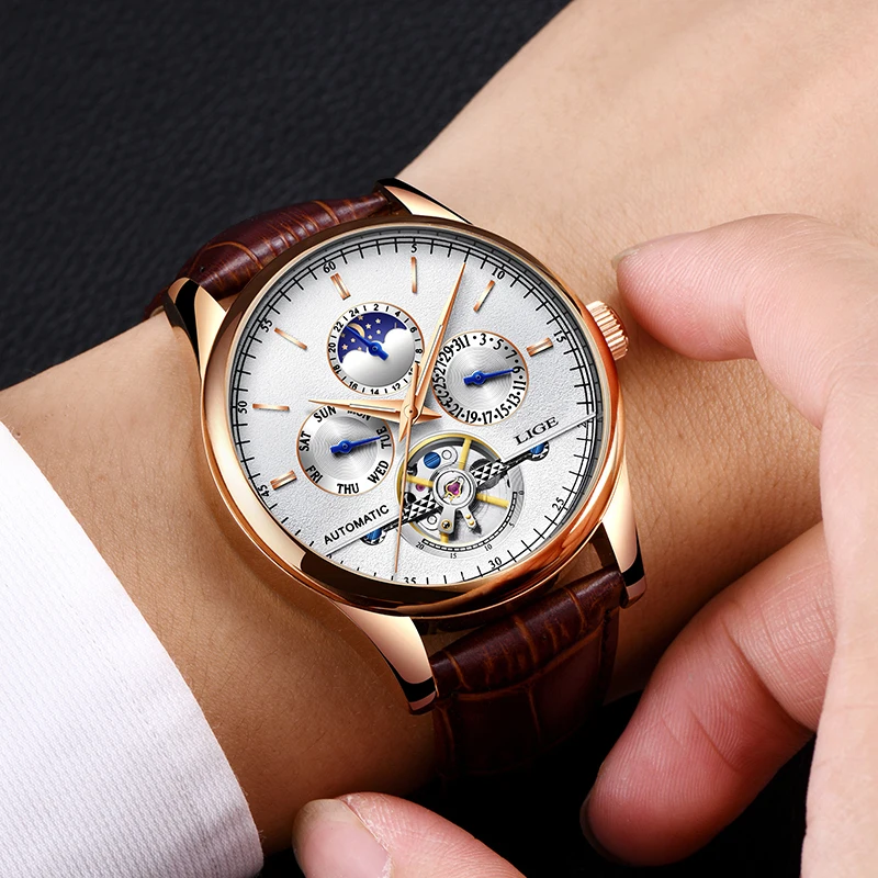 LIGE Mechanical Watch Men Tourbillon Automatic Watch Luxury Vintage Mechanical Watches Leather Classic Fashion Men\'s Wristwatch