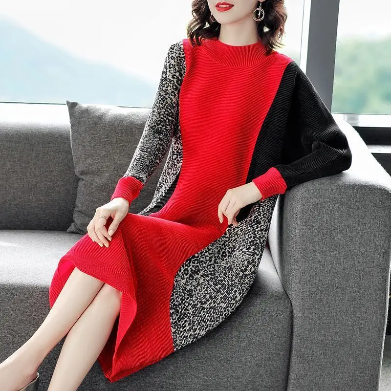 Suéter largo de punto para mujer, vestido holgado de gran tamaño, de leopardo, rojo, azul y morado, 2022