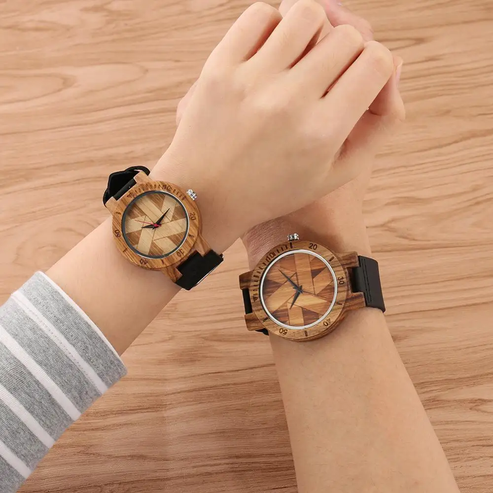 Couple Watch Unique Irregular Geometric Cut Design Men\'s Wooden Quartz Watches Women Dress Clock Retro Wristwatch Relojes Hombre