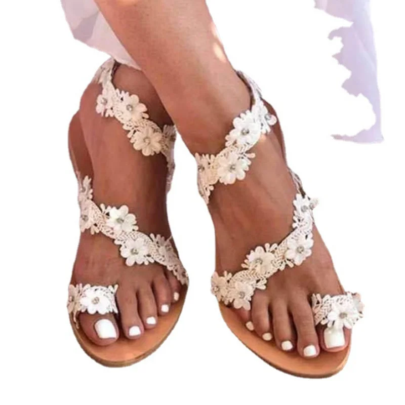 2023 Sandals Women Flat Sandals Slip On White Flower Beaded Bohemian Summer Women\'s Shoes Beach Sandals Plus Size 35-43 WSH3879